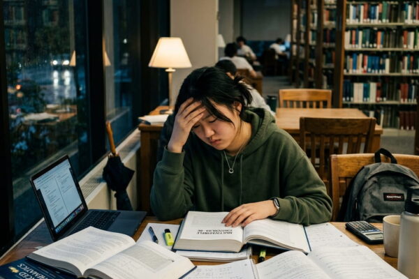Student studying with books and laptop