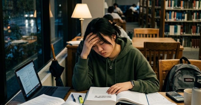 Student studying with books and laptop