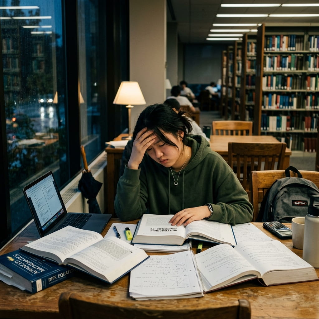 Student studying with books and laptop